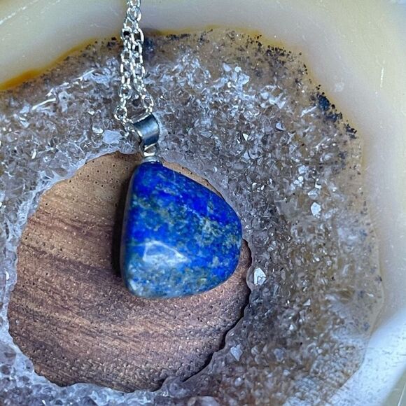 Lapis Lazuli tumble pendant pyrite necklace silver plated blue gold - Picture 3 of 5